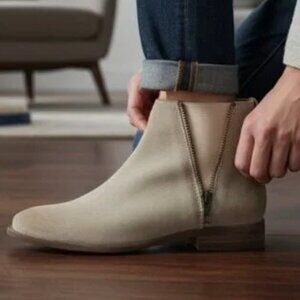 Frye Carly Chelsea Zipper Accent Desert Ash Tan Suede Ankle Boot, Size 7.5